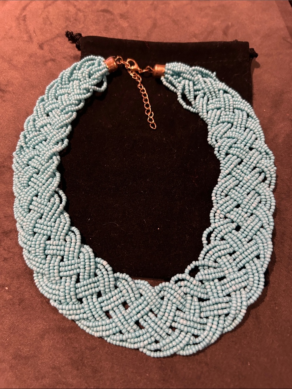 Handwoven Light Blue Beaded Statement Necklace